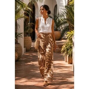 Farm Rio Yawanawa Banana Leaves Wide Leg Tropical Resort Pants S Cream